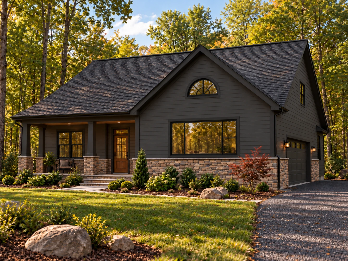 French Coach exterior with charcoal siding, stone accents, a covered porch and side-entry garage