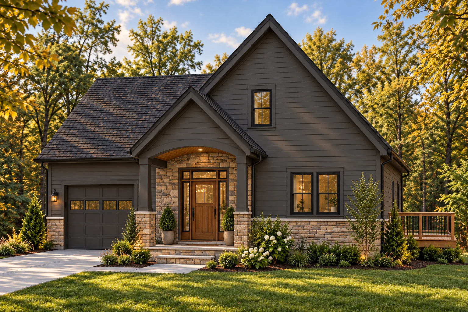 Eaglepath exterior with an arched covered porch and attached one-car garage