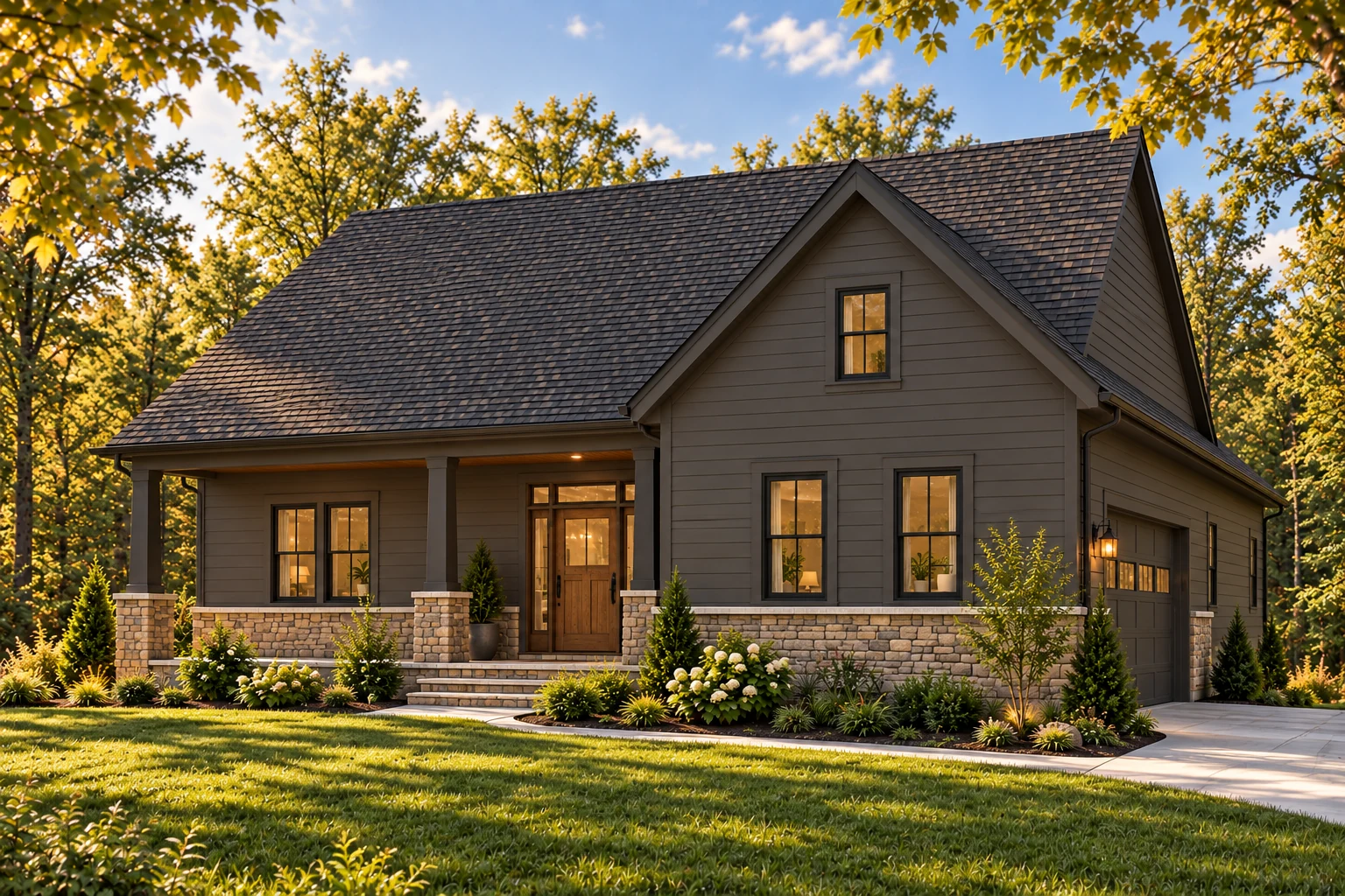 Millstone exterior with charcoal siding, stone accents, covered front porch and side-entry garage
