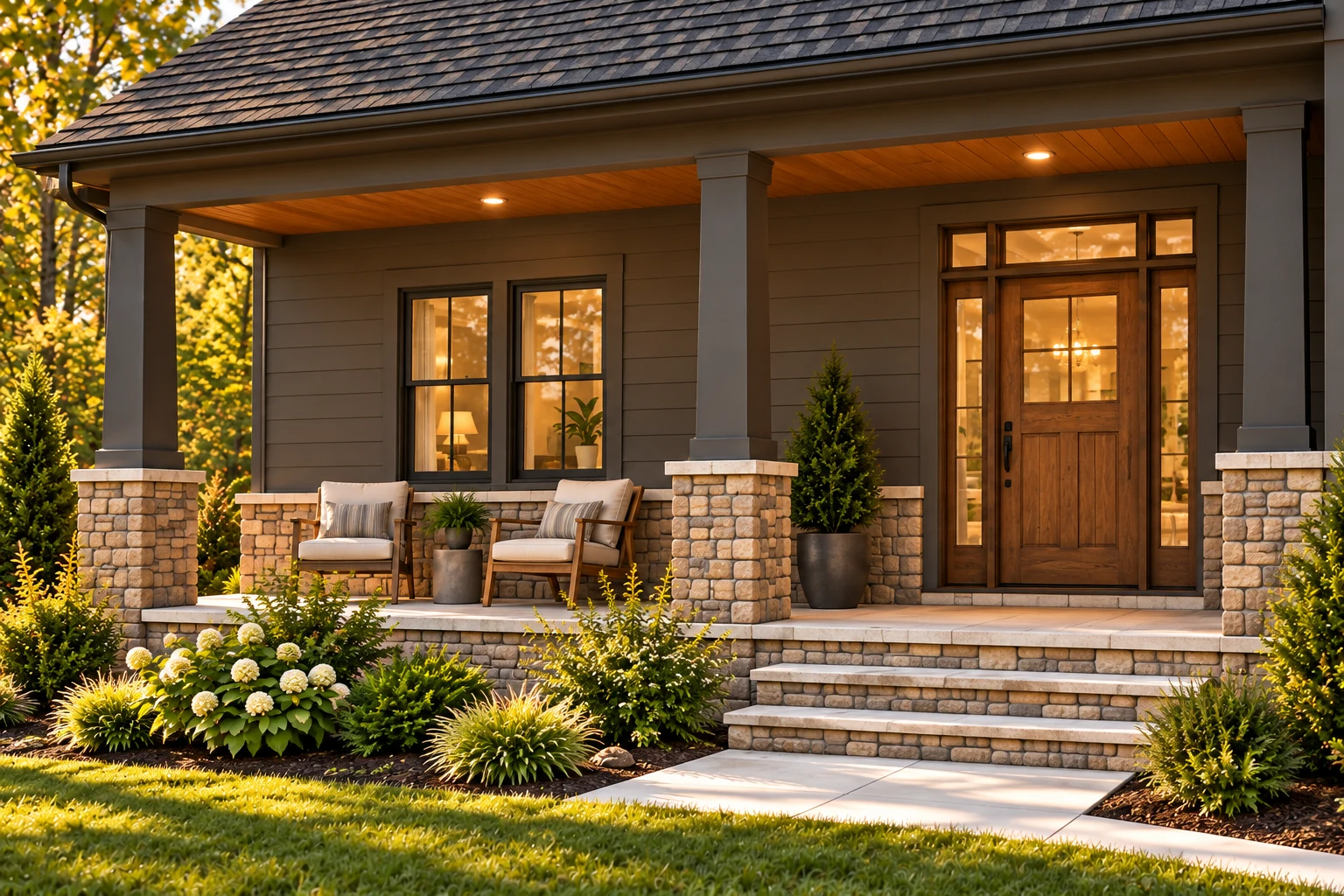Millstone covered front porch